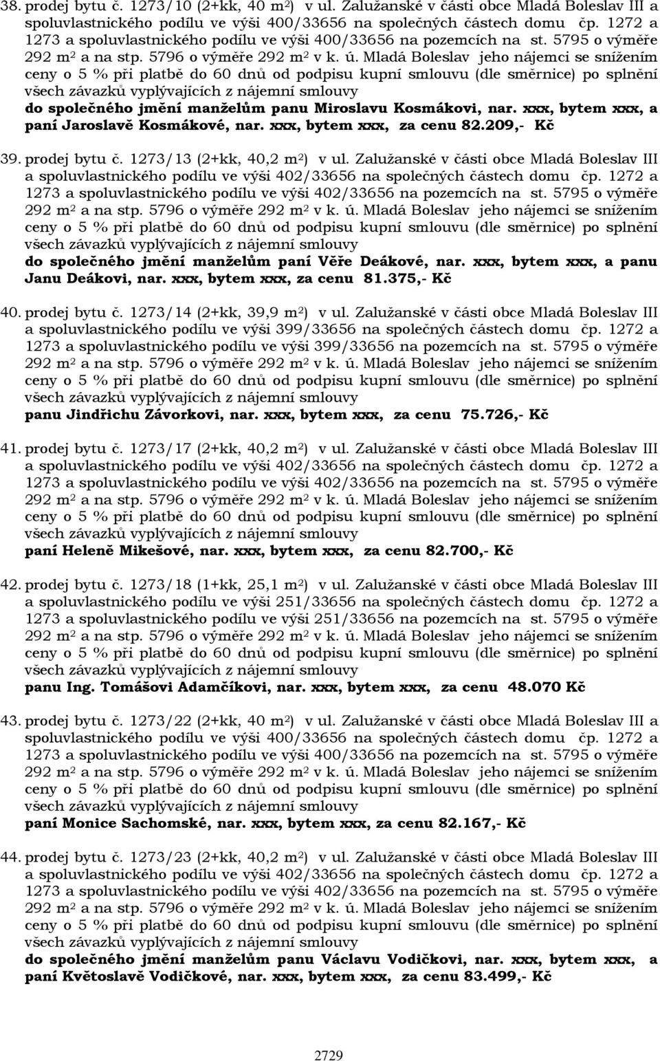 Zalužanské v části obce Mladá Boleslav III a spoluvlastnického podílu ve výši 402/33656 na společných částech domu čp. 1272 a do společného jmění manželům paní Věře Deákové, nar.