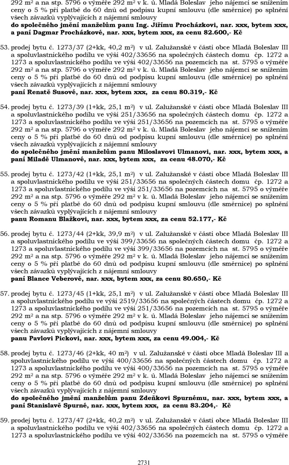 prodej bytu č. 1273/39 (1+kk, 25,1 m 2 ) v ul. Zalužanské v části obce Mladá Boleslav III do společného jmění manželům panu Miloslavovi Ulmanovi, nar. xxx, bytem xxx, a paní Miladě Ulmanové, nar.