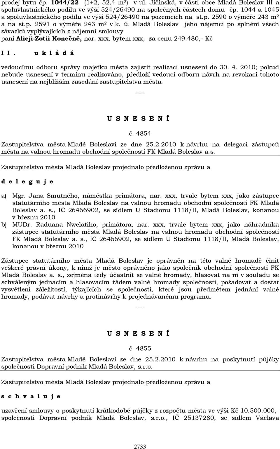 Mladá Boleslav jeho nájemci po splnění všech závazků vyplývajících z nájemní smlouvy paní Alicji-Zotii Konečné, nar. xxx, bytem xxx, za cenu 249.