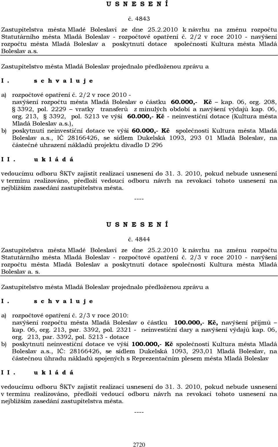 2/2 v roce 2010 - navýšení rozpočtu města Mladá Boleslav o částku 60.000,- Kč kap. 06, org. 208, 3392, pol. 2229 vratky transferů z minulých období a navýšení výdajů kap. 06, org. 213, 3392, pol.