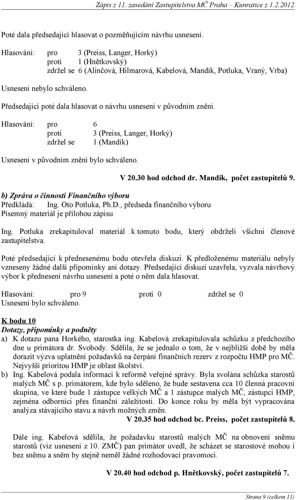 Předsedající poté dala hlasovat o návrhu usnesení v původním znění. Hlasování: pro 6 proti 3 (Preiss, Langer, Horký) zdržel se 1 (Mandík) Usnesení v původním znění bylo schváleno. V 20.