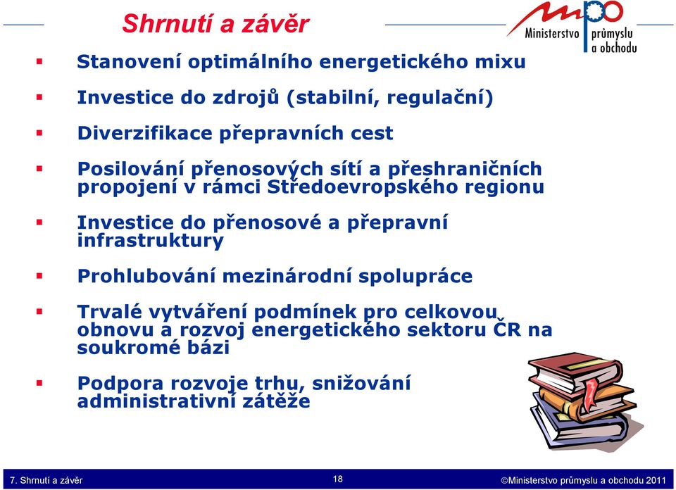 infrastruktury Prohlubování mezinárodní spolupráce Trvalé vytváření podmínek pro celkovou obnovu a rozvoj energetického sektoru