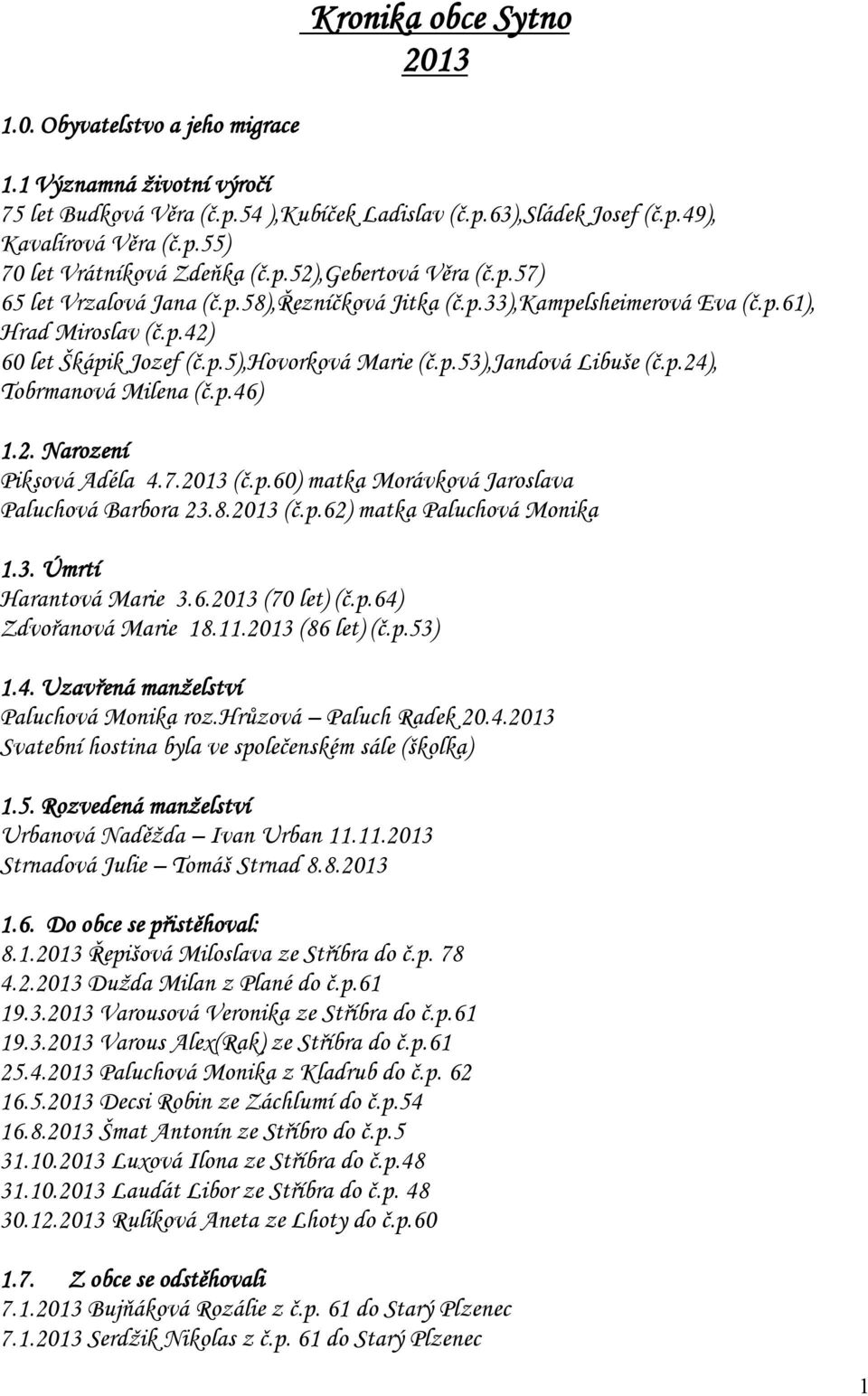 p.24), Tobrmanová Milena (č.p.46) 1.2. Narození Piksová Adéla 4.7.2013 (č.p.60) matka Morávková Jaroslava Paluchová Barbora 23.8.2013 (č.p.62) matka Paluchová Monika 1.3. Úmrtí Harantová Marie 3.6.2013 (70 let) (č.