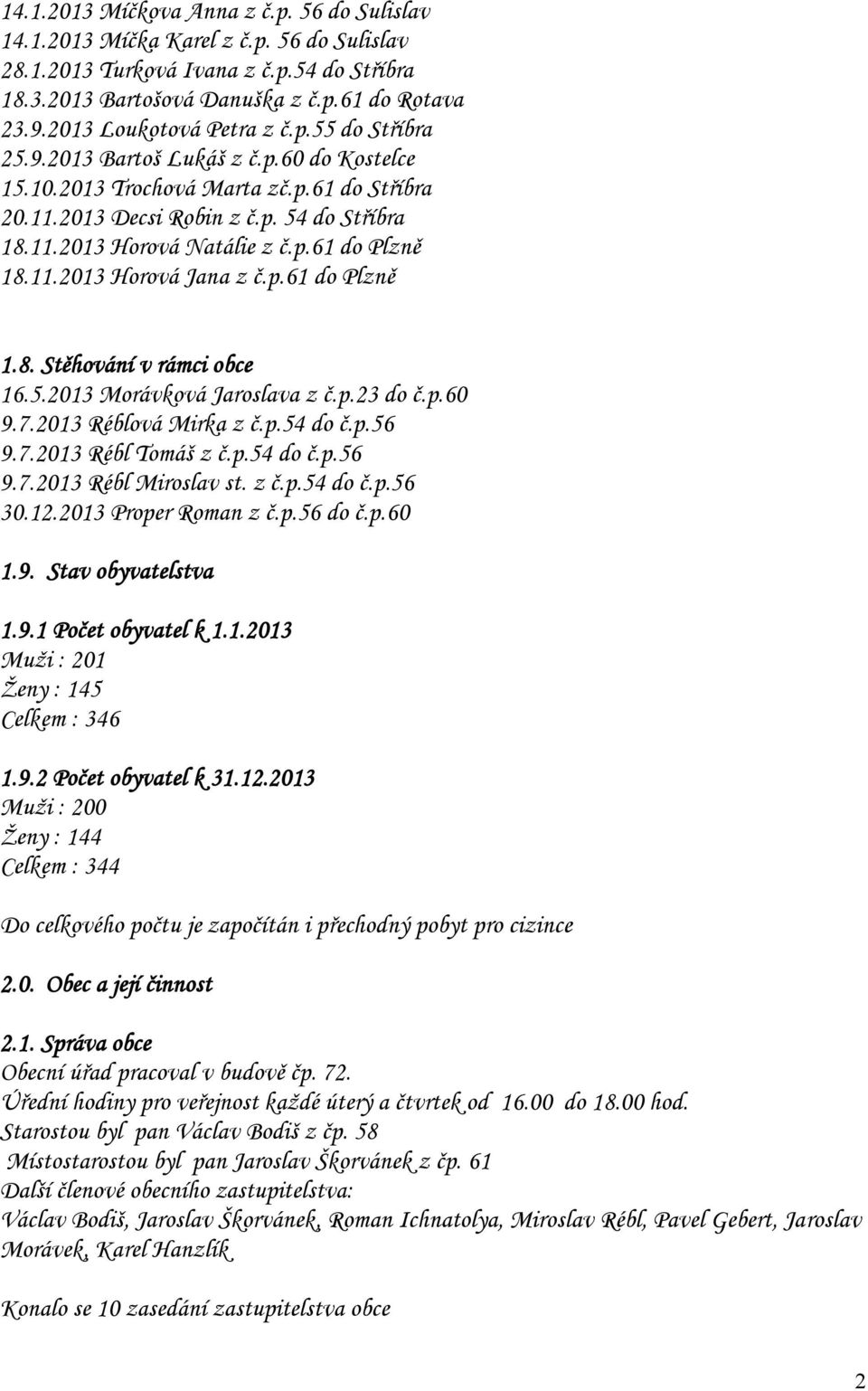 p.61 do Plzně 18.11.2013 Horová Jana z č.p.61 do Plzně 1.8. Stěhování v rámci obce 16.5.2013 Morávková Jaroslava z č.p.23 do č.p.60 9.7.2013 Réblová Mirka z č.p.54 do č.p.56 9.7.2013 Rébl Tomáš z č.p.54 do č.p.56 9.7.2013 Rébl Miroslav st.