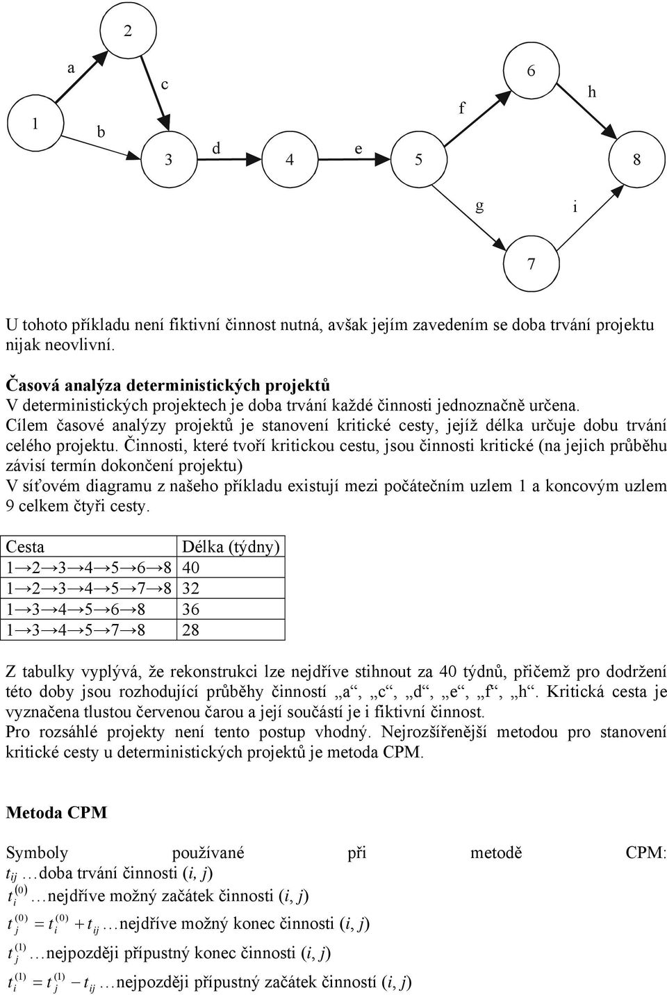 Cílem časové analýzy proektů e stanovení krtcké cesty, eíž délka určue dobu trvání celého proektu.