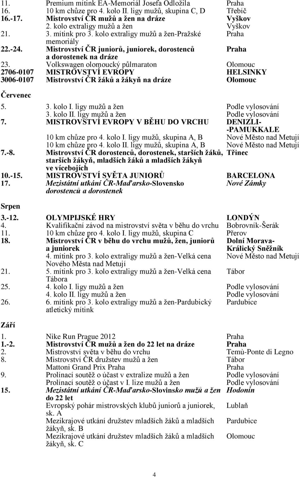 Volkswagen olomoucký půlmaraton Olomouc 2706-0107 MISTROVSTVÍ EVROPY HELSINKY 3006-0107 Mistrovství ČR žáků a žákyň na dráze Olomouc Červenec 5. 3. kolo I. ligy mužů a žen Podle vylosování 3. kolo II.
