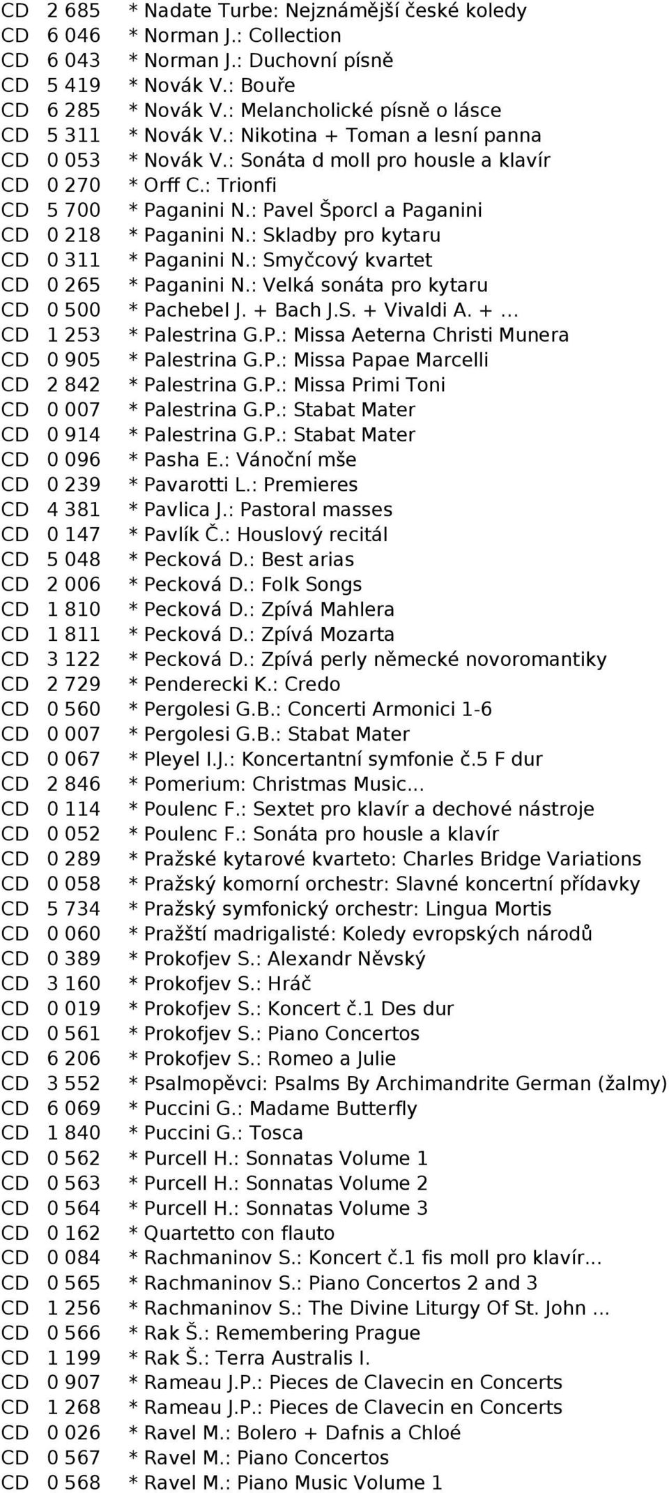 : Pavel Šporcl a Paganini CD 0 218 * Paganini N.: Skladby pro kytaru CD 0 311 * Paganini N.: Smyčcový kvartet CD 0 265 * Paganini N.: Velká sonáta pro kytaru CD 0 500 * Pachebel J. + Bach J.S. + Vivaldi A.