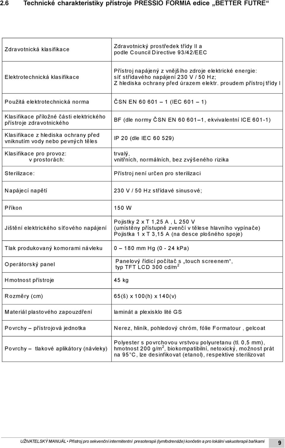proudem přístroj třídy I Použitá elektrotechnická norma ČSN EN 60 601 1 (IEC 601 1) Klasifikace příložné části elektrického přístroje zdravotnického Klasifikace z hlediska ochrany před vniknutím vody