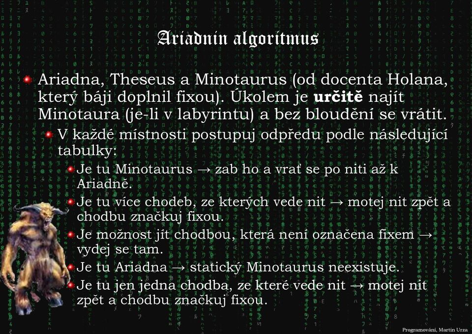 V každé místnosti postupuj odpředu podle následující tabulky: Je tu Minotaurus zab ho a vrať se po niti až k Ariadně.