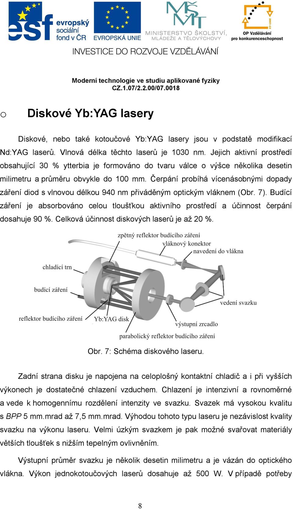 Čerpání probíhá vícenásobnými dopady záření diod s vlnovou délkou 940 nm přiváděným optickým vláknem (Obr. 7).