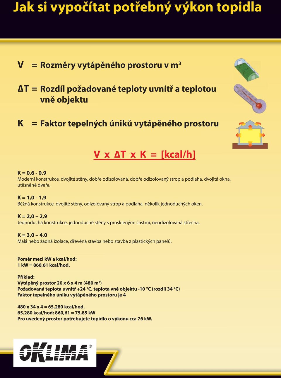 K = 1,0-1,9 Běžná konstrukce, dvojité stěny, odizolovaný strop a podlaha, několik jednoduchých oken. K = 2,0 2,9 Jednoduchá konstrukce, jednoduché stěny s prosklenými částmi, neodizolovaná střecha.