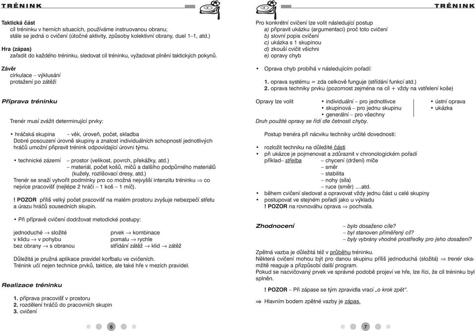 Závěr cirkulace výklusání protažení po zátěži Příprava tréninku Trenér musí zvážit determinující prvky: hráčská skupina věk, úroveň, počet, skladba Dobré posouzení úrovně skupiny a znalost