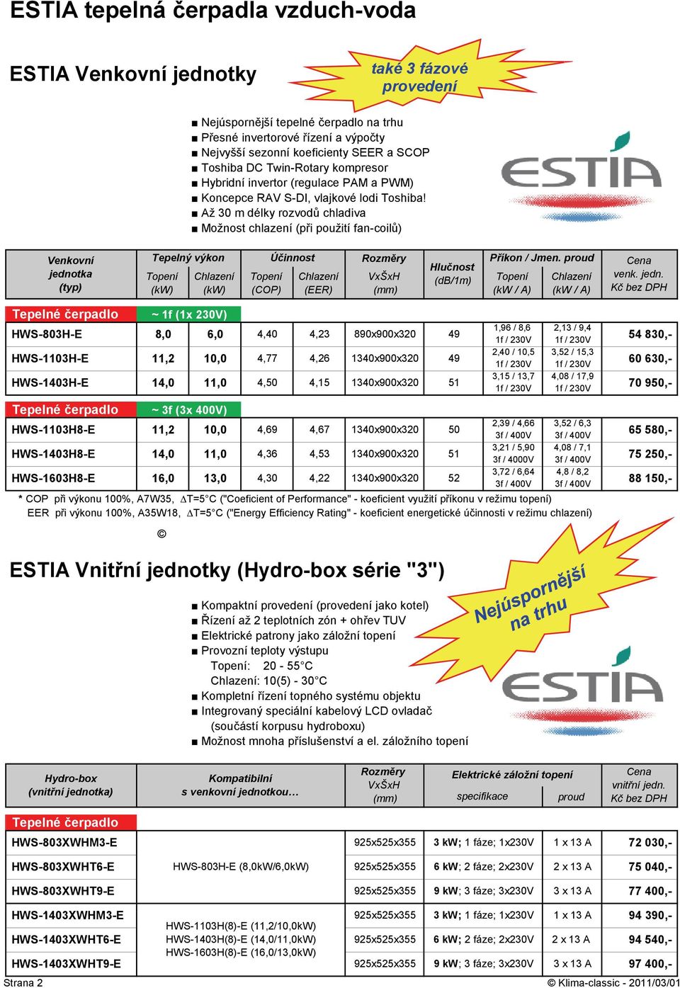 Až 30 m délky rozvodů chladiva Možnost chlazení (při použití fan-coilů) Venkovní jednotka (typ) Tepelný výkon Topení (kw) Chlazení (kw) Topení (COP) Účinnost Chlazení (EER) Rozměry VxŠxH (mm)