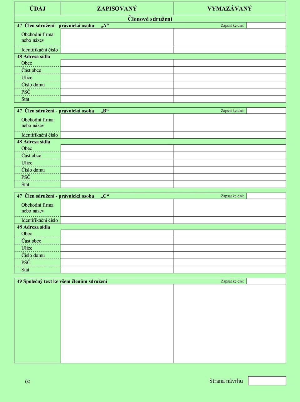 nebo název Identifikační číslo 48 Adresa sídla 47 Člen sdružení - právnická osoba C Zapsat ke dni: