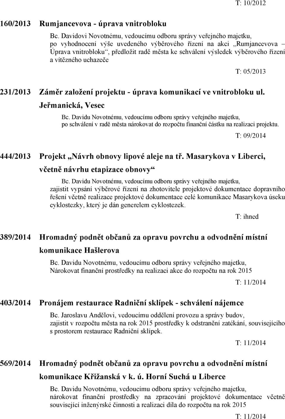 výběrového řízení a vítězného uchazeče T: 05/2013 231/2013 Záměr založení projektu - úprava komunikací ve vnitrobloku ul.