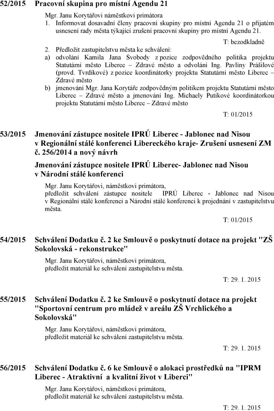 Předložit zastupitelstvu města ke schválení: a) odvolání Kamila Jana Svobody z pozice zodpovědného politika projektu Statutární město Liberec Zdravé město a odvolání Ing. Pavlíny Prášilové (provd.