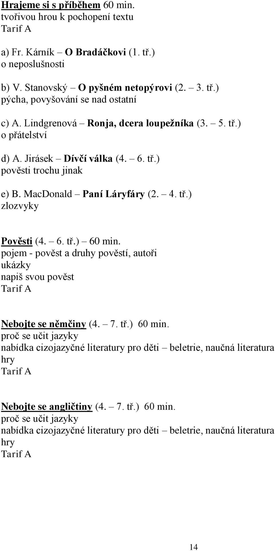 6. tř.) 60 min. pojem - pověst a druhy pověstí, autoři ukázky napiš svou pověst Nebojte se němčiny (4. 7. tř.) 60 min. proč se učit jazyky nabídka cizojazyčné literatury pro děti beletrie, naučná literatura hry Nebojte se angličtiny (4.