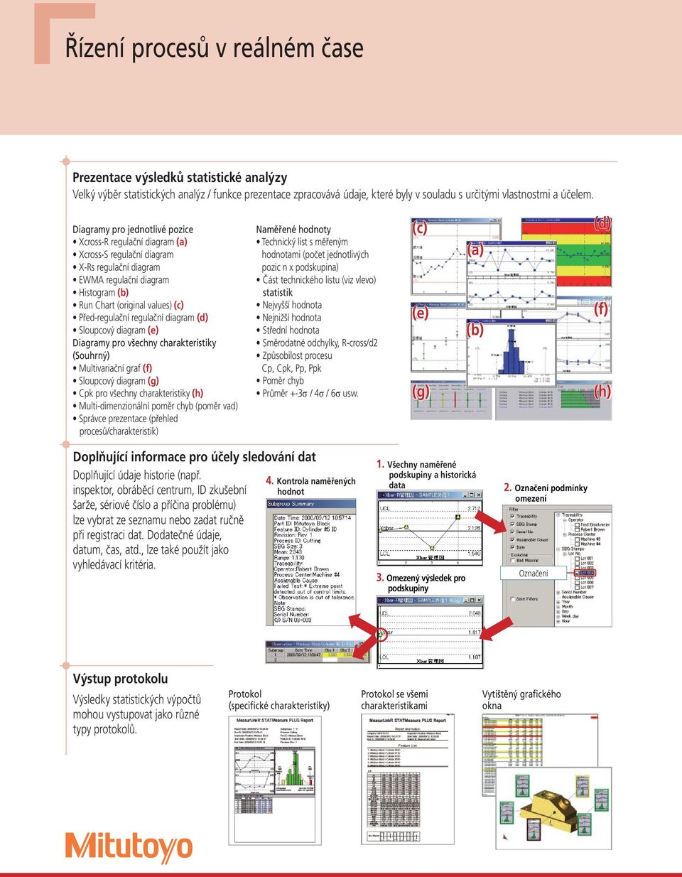 regulační diagram (d) Sloupcový diagram (e) Diagramy pro všechny charakteristiky (Souhrný) Multivariační graf (f) Sloupcový diagram (g) Cpk pro všechny charakteristiky (h) Multi-dimenzionální poměr