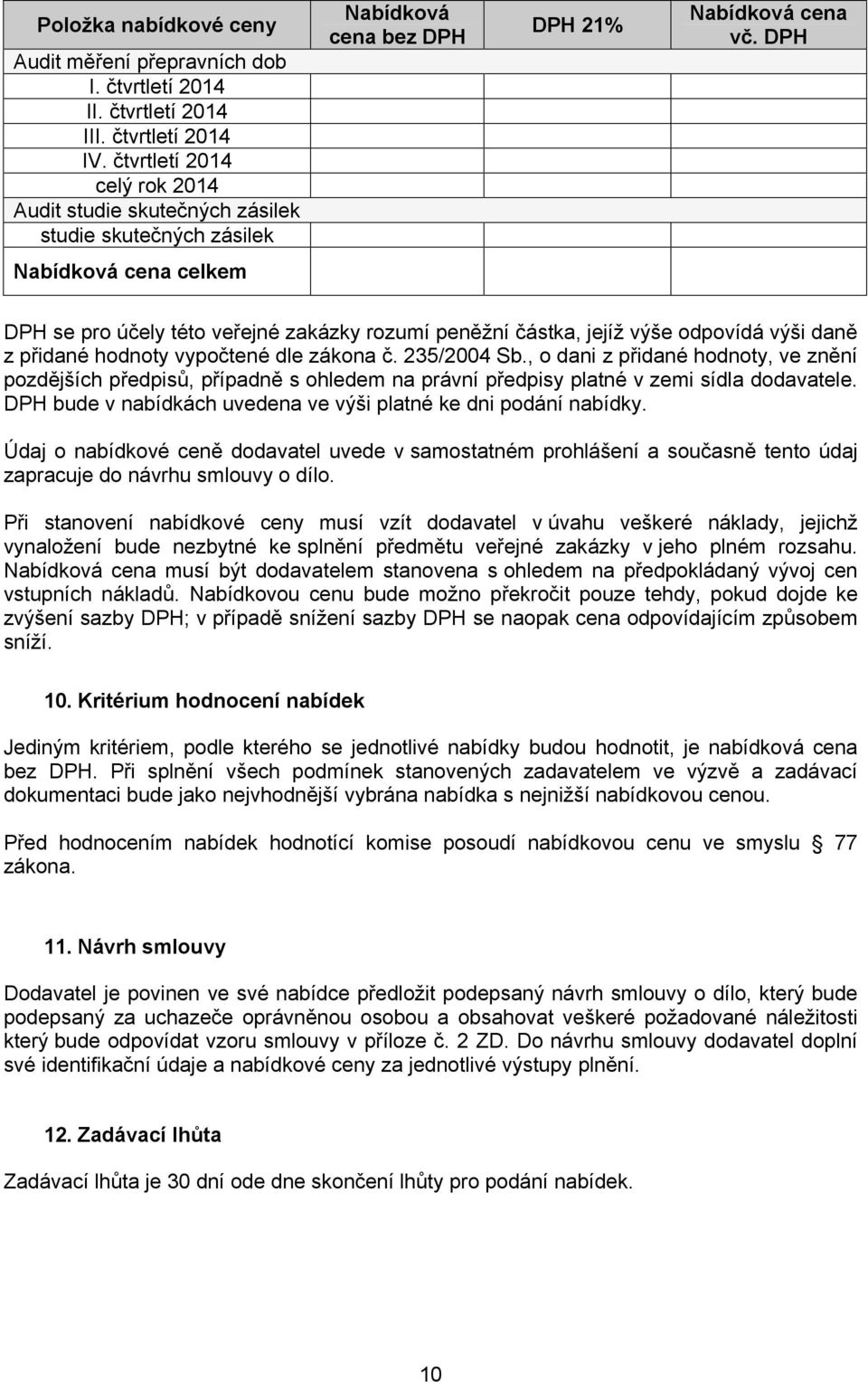 DPH Nabídková cena celkem DPH se pro účely této veřejné zakázky rozumí peněžní částka, jejíž výše odpovídá výši daně z přidané hodnoty vypočtené dle zákona č. 235/2004 Sb.