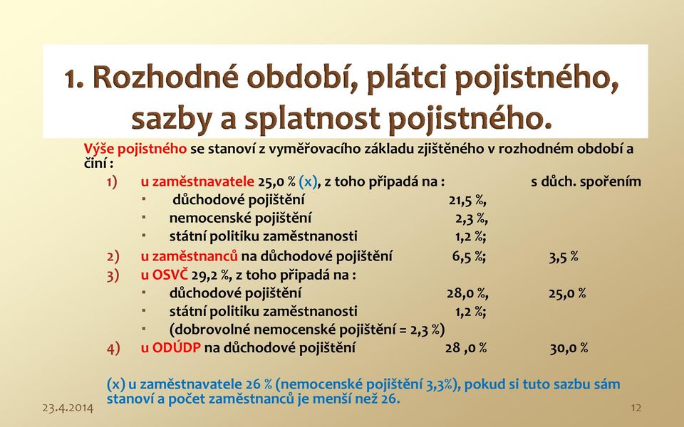 OSVČ 29,2 %, z toho připadá na : důchodové pojištění 28,0 %, 25,0 % státní politiku zaměstnanosti 1,2 %; (dobrovolné nemocenské pojištění = 2,3 %) 4) u ODÚDP