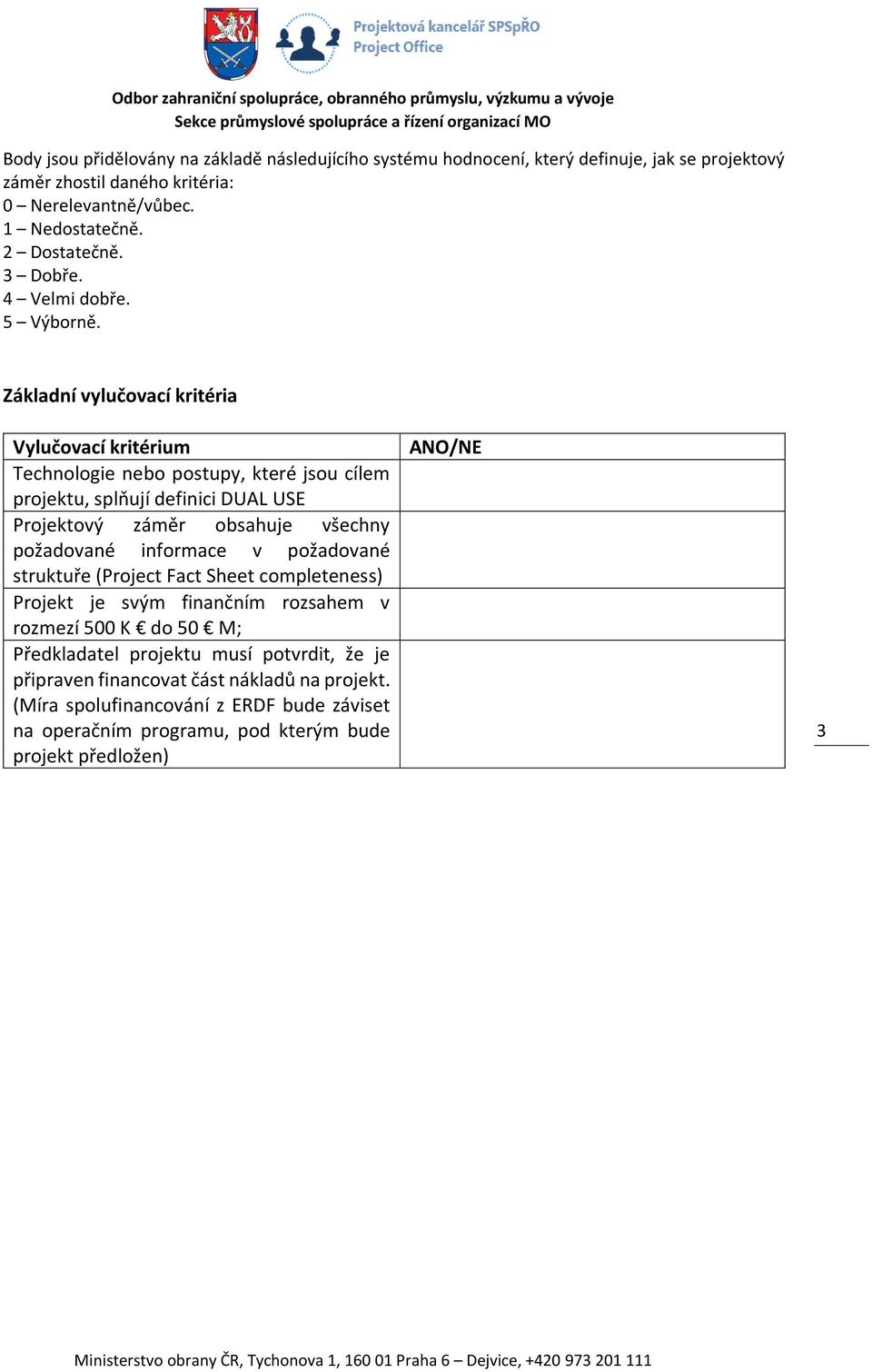 Základní vylučovací kritéria Vylučovací kritérium Technologie nebo postupy, které jsou cílem projektu, splňují definici DUAL USE Projektový záměr obsahuje všechny požadované