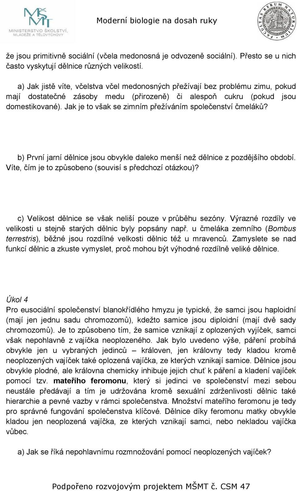 Jak je to však se zimním přežíváním společenství čmeláků? b) První jarní dělnice jsou obvykle daleko menší než dělnice z pozdějšího období. Víte, čím je to způsobeno (souvisí s předchozí otázkou)?