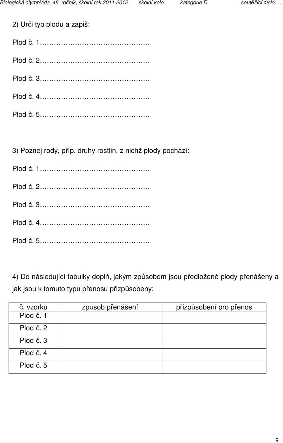 . 4) Do následující tabulky doplň, jakým způsobem jsou předložené plody přenášeny a jak jsou k tomuto typu