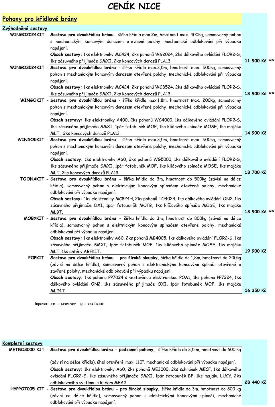 Obsah sestavy: 1ks elektroniky MC424, 2ks pohonů WG2024, 2ks dálkového ovládání FLOR2-S, 1ks zásuvného přijímače SMXI, 2ks koncových dorazů PLA13.