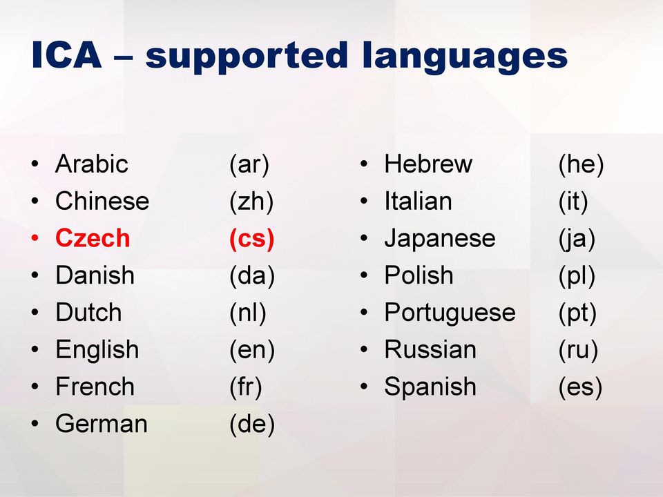 Danish (da) Polish (pl) Dutch (nl) Portuguese (pt)