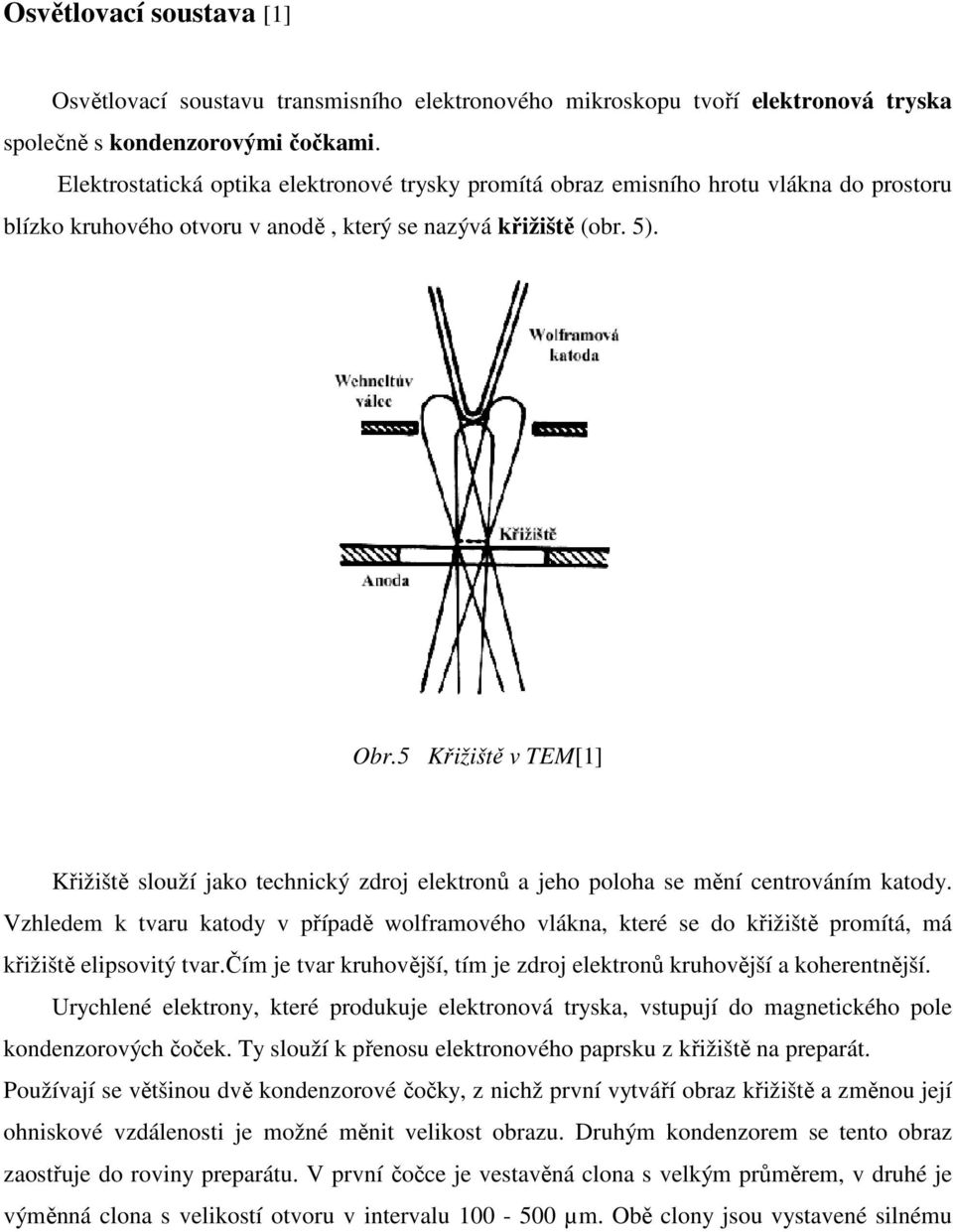 5 Křižiště v TEM[1] Křižiště slouží jako technický zdroj elektronů a jeho poloha se mění centrováním katody.