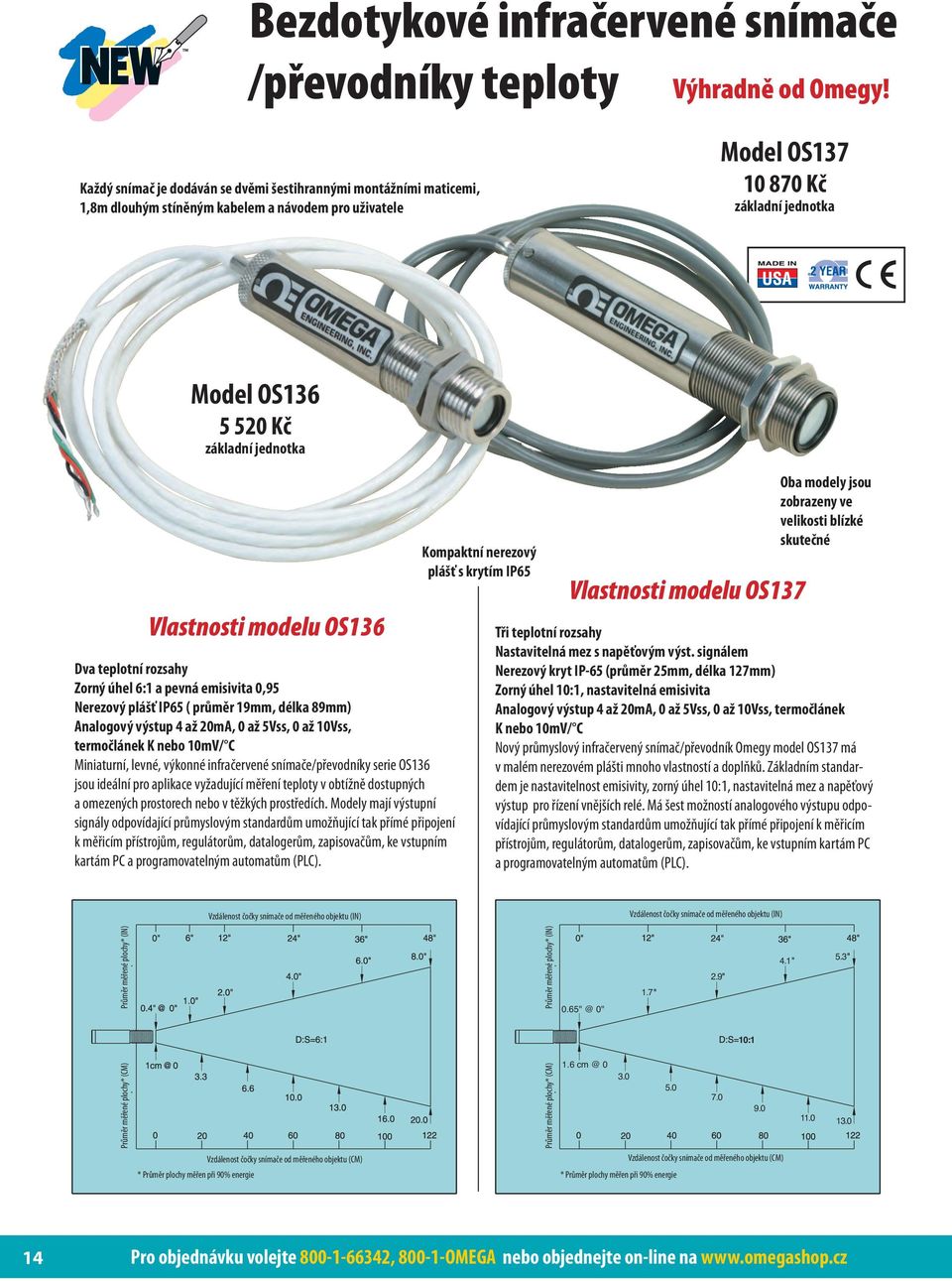 jednotka Vlastnosti modelu OS136 Dva teplotní rozsahy Zorný úhel 6:1 a pevná emisivita 0,95 Nerezový plášť IP65 ( průměr 19mm, délka 89mm) Analogový výstup 4 až 20mA, 0 až 5Vss, 0 až 10Vss,