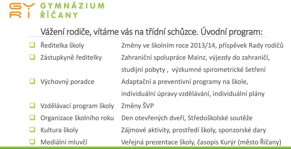 zahraničí, studijní pobyty, výzkumné spirometrické šetření Výchovný poradce Adaptační a preventivní programy na škole, individuální úpravy