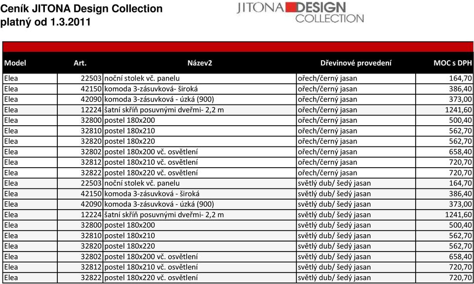dveřmi- 2,2 m ořech/černý jasan 1241,60 Elea 32800 postel 180x200 ořech/černý jasan 500,40 Elea 32810 postel 180x210 ořech/černý jasan 562,70 Elea 32820 postel 180x220 ořech/černý jasan 562,70 Elea