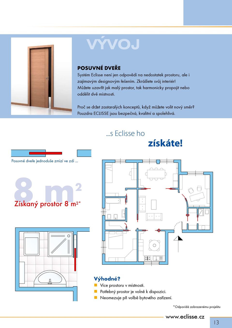 Pouzdra ELISSE jsou bezpeèná, kvalitní a spolehlivá....s Eclisse ho získáte! Posuvné dveøe jednoduše zmizí ve zdi... Získaný prostor 8 m 2* Výhodné?