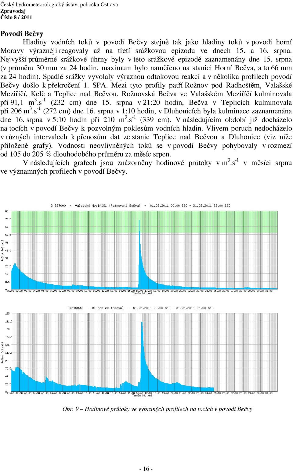 Spadlé srážky vyvolaly výraznou odtokovou reakci a v několika profilech povodí Bečvy došlo k překročení 1. SPA.