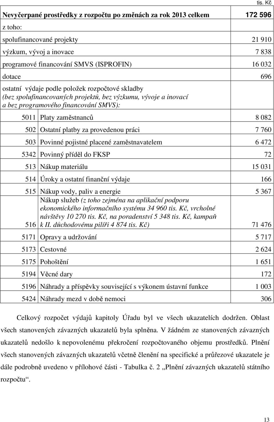 Ostatní platby za provedenou práci 7 760 503 Povinné pojistné placené zaměstnavatelem 6 472 5342 Povinný příděl do FKSP 72 513 Nákup materiálu 15 031 514 Úroky a ostatní finanční výdaje 166 515 Nákup