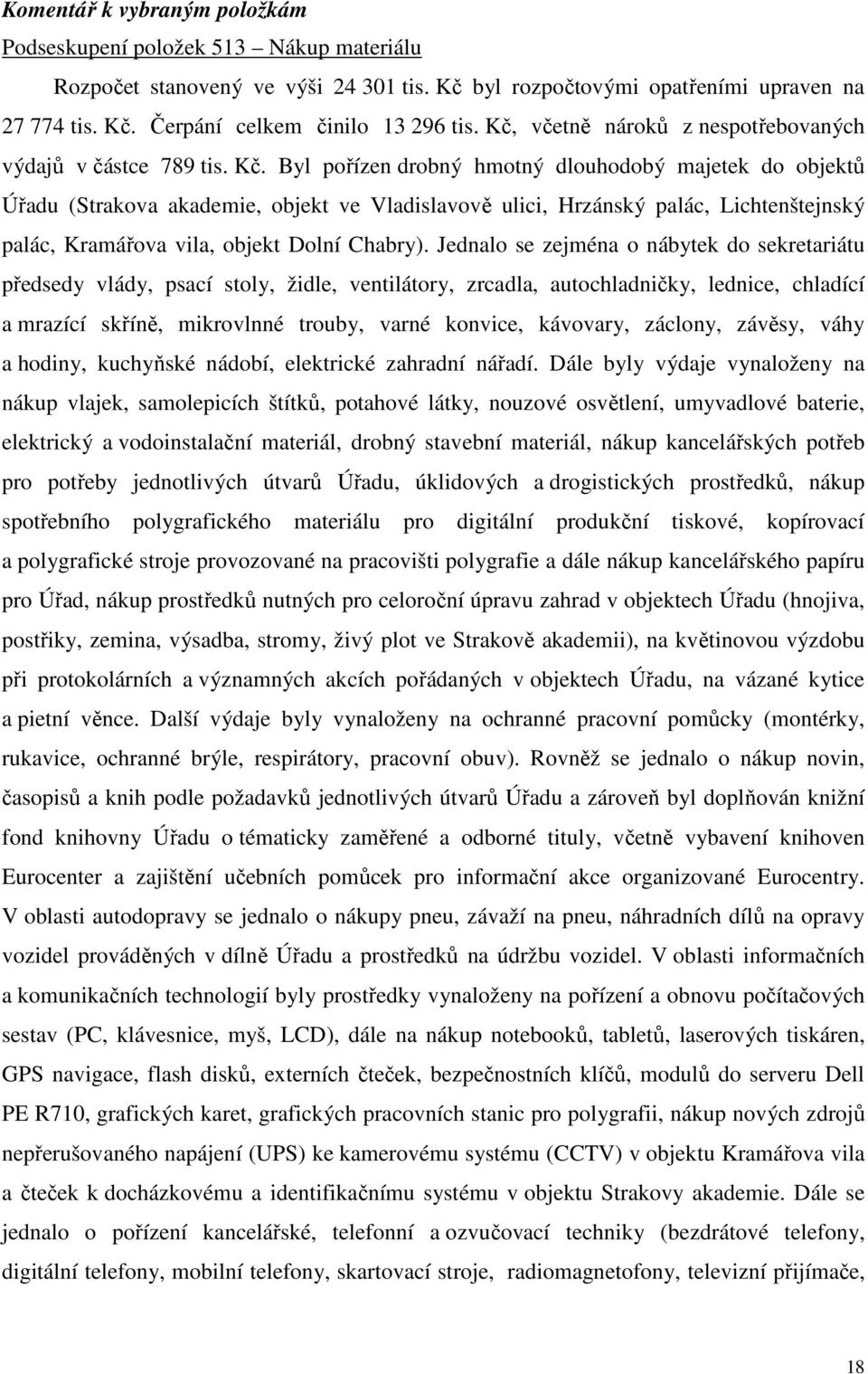 Byl pořízen drobný hmotný dlouhodobý majetek do objektů Úřadu (Strakova akademie, objekt ve Vladislavově ulici, Hrzánský palác, Lichtenštejnský palác, Kramářova vila, objekt Dolní Chabry).