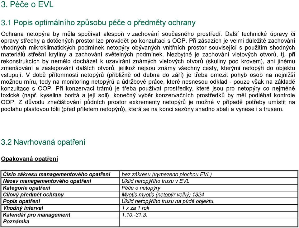 Při zásazích je velmi důležité zachování vhodných mikroklimatických podmínek netopýry obývaných vnitřních prostor související s použitím shodných materiálů střešní krytiny a zachování světelných