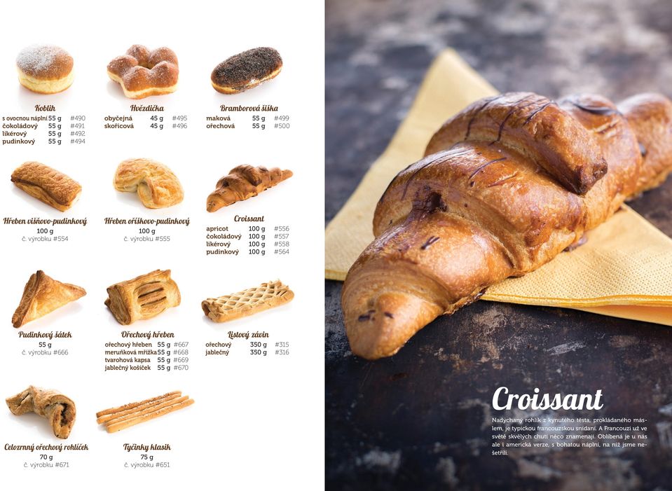výrobku #555 Croissant apricot 100 g #556 čokoládový 100 g #557 likérový 100 g #558 pudinkový 100 g #564 Pudinkový šátek 55 g č.