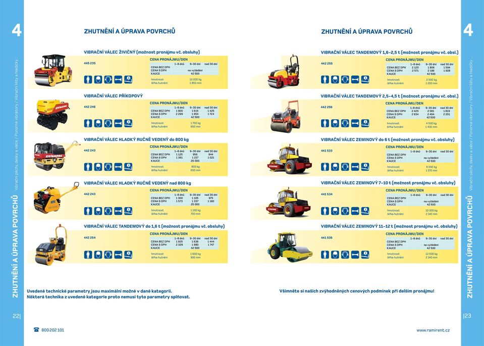 obsluhy) 445 235 VIBRAČNÍ VÁLEC PŘÍKOPOVÝ 442 246 šířka hutnění 10 000 kg 1 850 mm 1 900 1 615 1 425 2 299 1 954 1 724 šířka hutnění VIBRAČNÍ VÁLEC HLADKÝ RUČNĚ VEDENÝ do 800 kg 442 243 1 700 kg 850