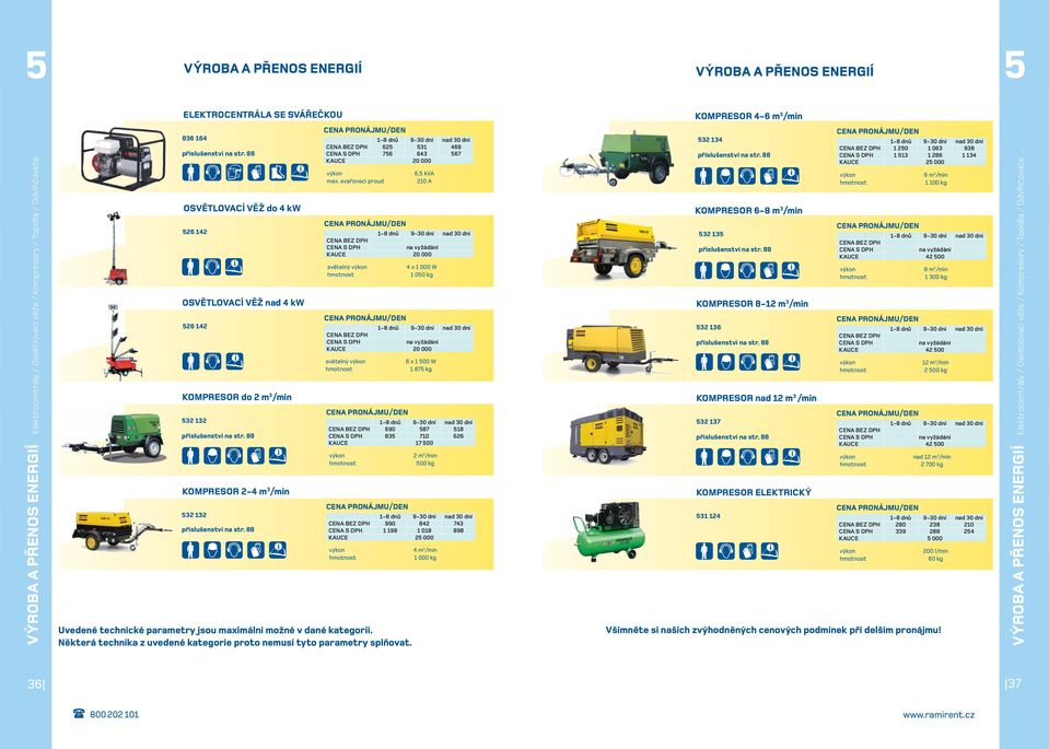 88 OSVĚTLOVACÍ VĚŽ do 4 kw 526 142 OSVĚTLOVACÍ VĚŽ nad 4 kw 526 142 KOMPRESOR do 2 m 3 /min 532 132 příslušenství na str. 88 KOMPRESOR 2-4 m 3 /min 532 132 příslušenství na str.