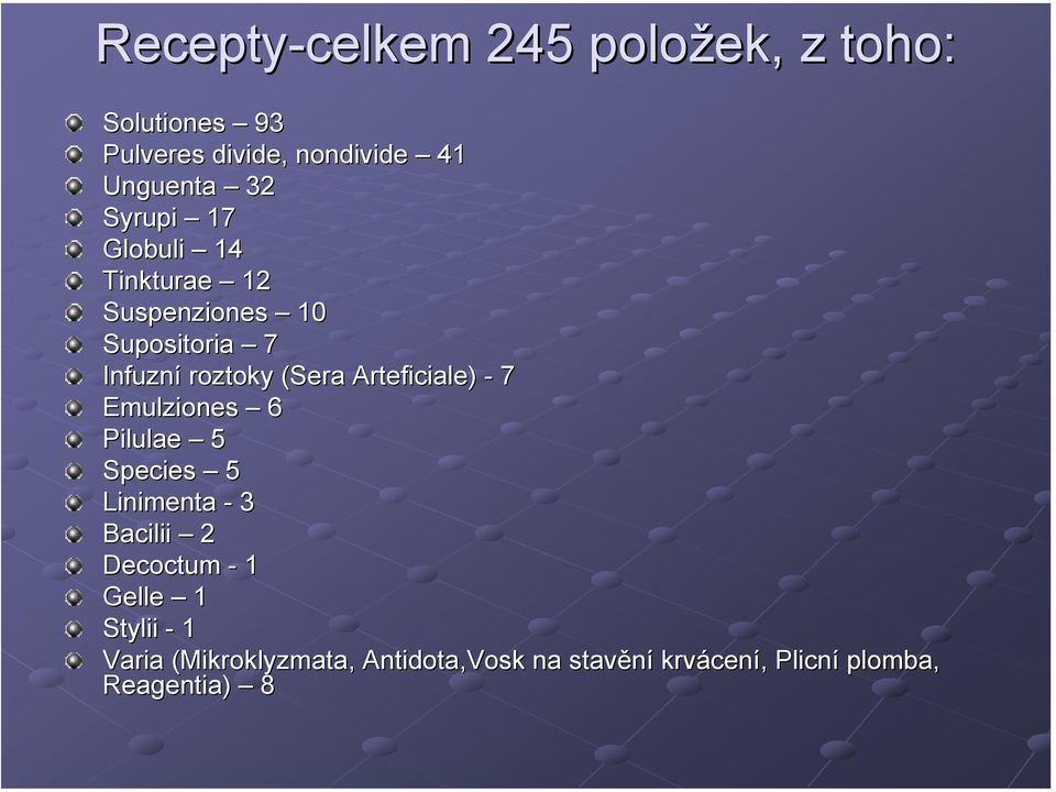 Arteficiale) - 7 Emulziones 6 Pilulae 5 Species 5 Linimenta - 3 Bacilii 2 Decoctum - 1 Gelle 1