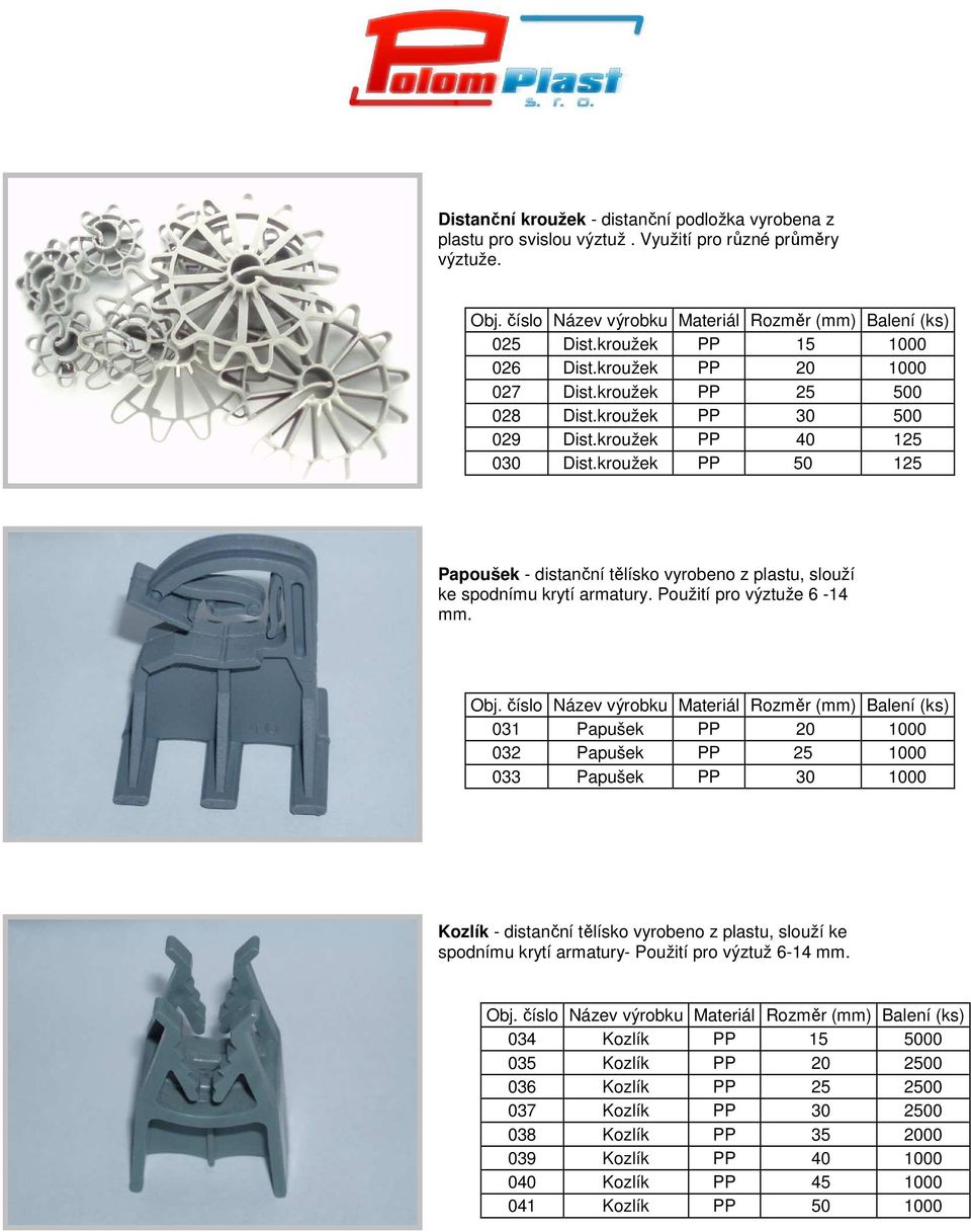 kroužek PP 50 125 Papoušek - distanční tělísko vyrobeno z plastu, slouží ke spodnímu krytí armatury. Použití pro výztuže 6-14 mm. Obj.