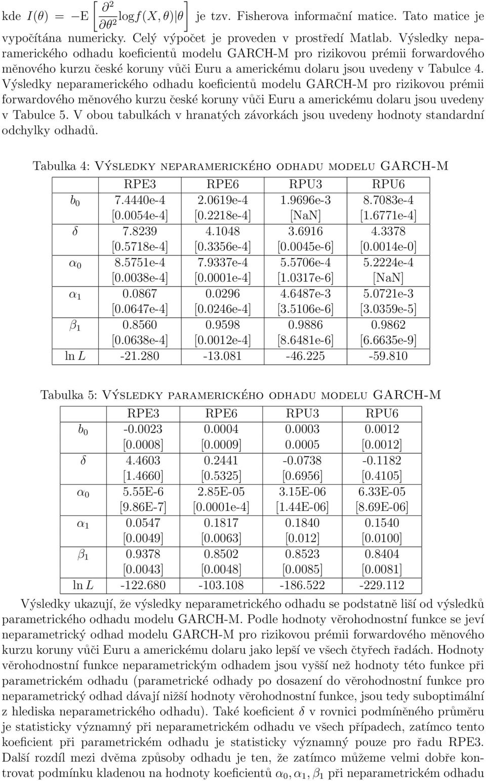Výsledky neparamerického odhadu koeficientů modelu GARCH-M pro rizikovou prémii forwardového měnového kurzu české koruny vůči Euru a americkému dolaru jsou uvedeny v Tabulce 5.
