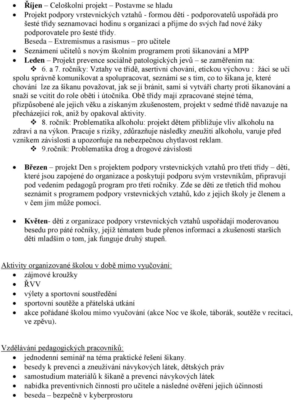 Beseda Extremismus a rasismus pro učitele Seznámení učitelů s novým školním programem proti šikanování a MPP Leden Projekt prevence sociálně patologických jevů se zaměřením na: 6. a 7.