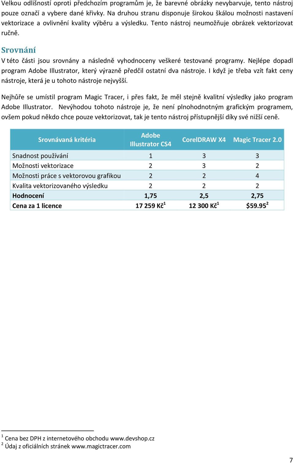 Srovnání V této části jsou srovnány a následně vyhodnoceny veškeré testované programy. Nejlépe dopadl program Adobe Illustrator, který výrazně předčil ostatní dva nástroje.