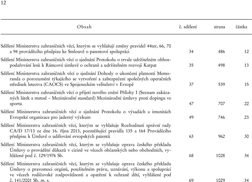 udržitelném obhospodařování lesů k Rámcové úmluvě o ochraně a udržitelném rozvoji Karpat 35 498 13 Dohody o ukončení platnosti Memoranda o porozumění týkajícího se vytvoření a zabezpečení společných