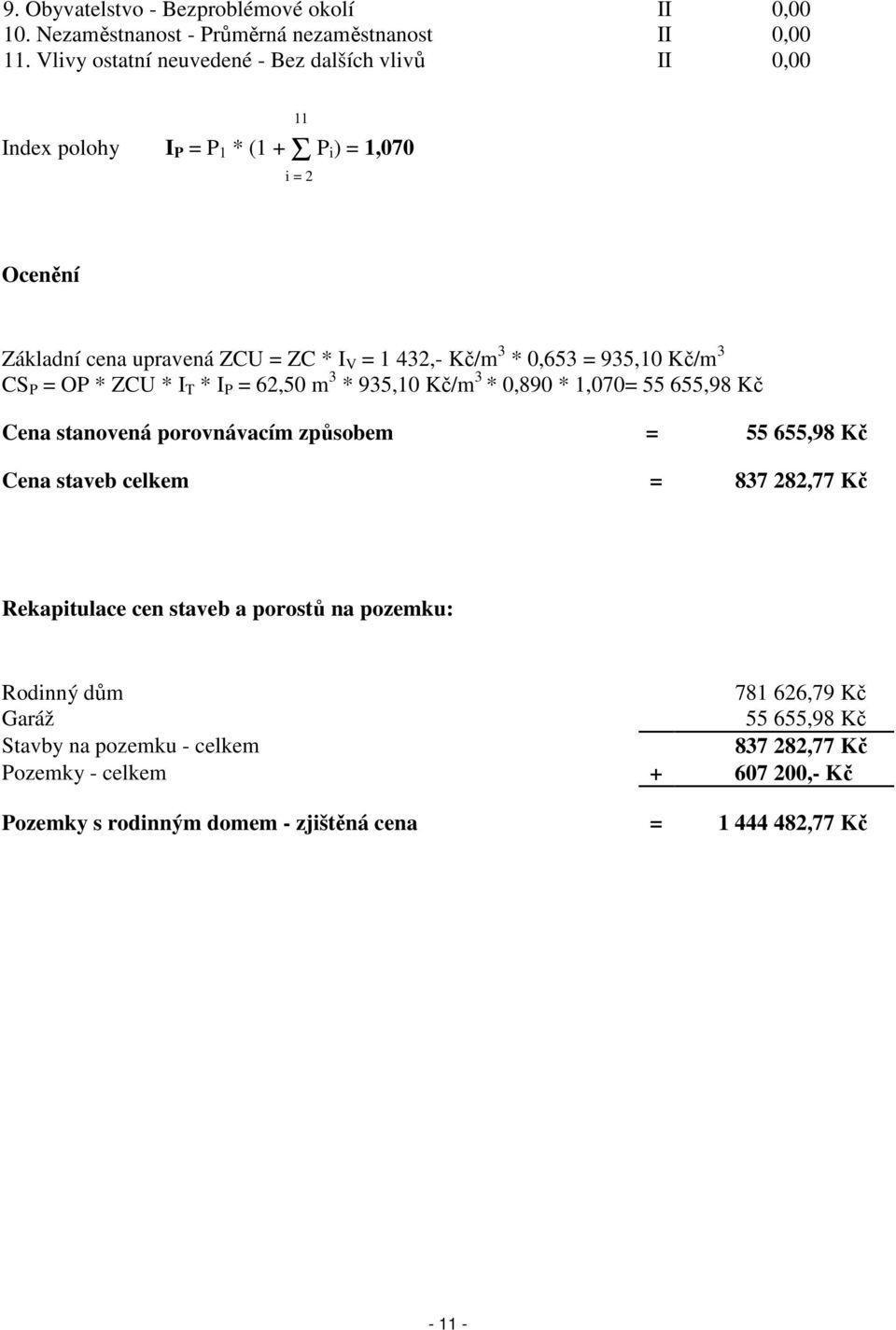 0,653 = 935,10 Kč/m 3 CS P = OP * ZCU * I T * I P = 62,50 m 3 * 935,10 Kč/m 3 * 0,890 * 1,070= 55 655,98 Kč Cena stanovená porovnávacím způsobem = 55 655,98 Kč Cena staveb