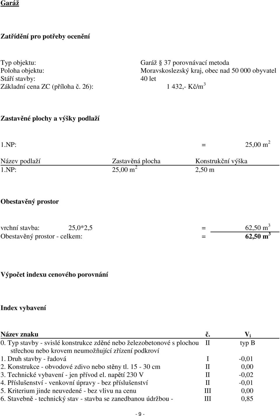 NP: 25,00 m 2 2,50 m Obestavěný prostor vrchní stavba: 25,0*2,5 = 62,50 m 3 Obestavěný prostor - celkem: = 62,50 m 3 Výpočet indexu cenového porovnání Index vybavení Název znaku č. V i 0.