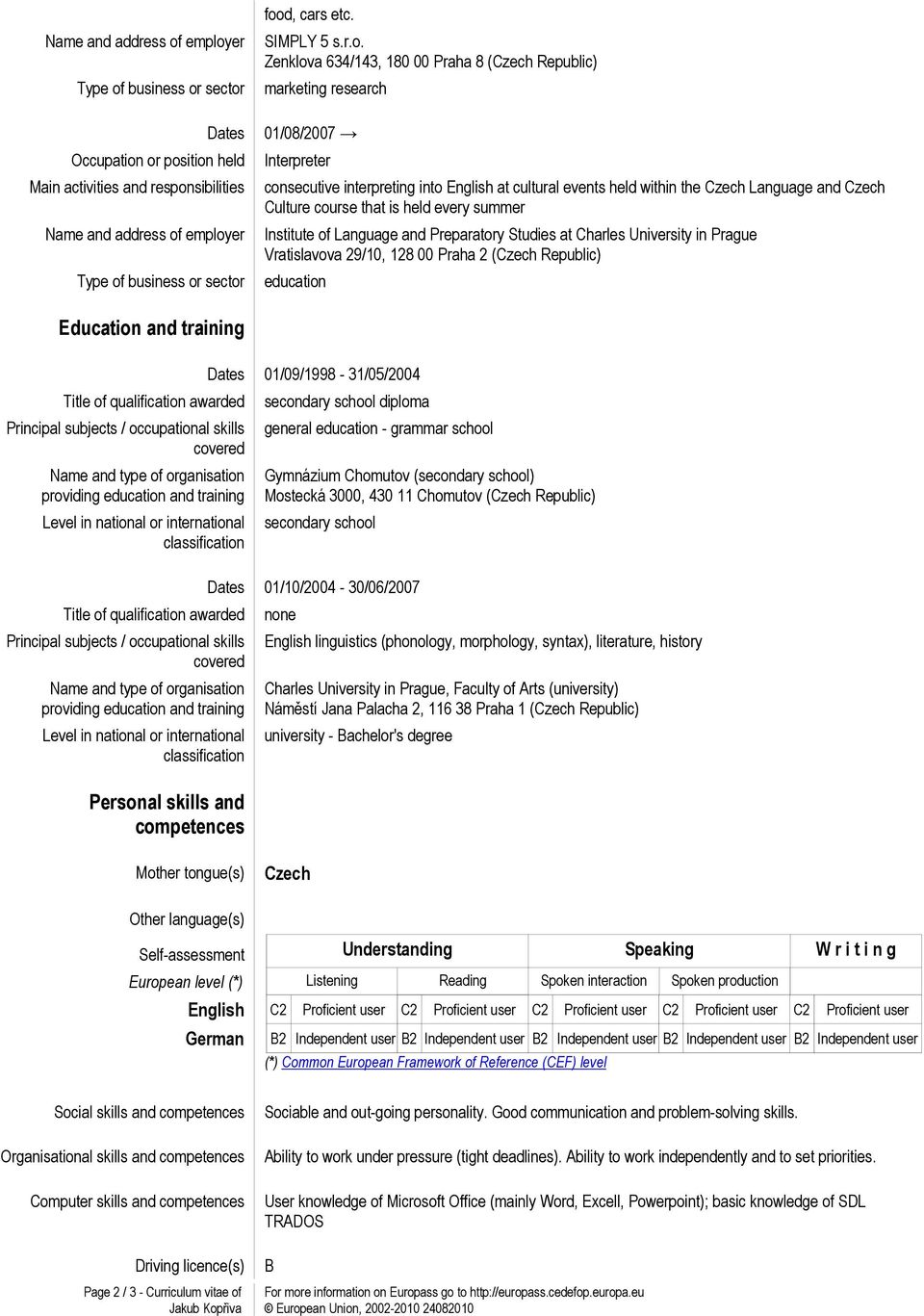 education Education and training Title of qualification awarded Principal subjects / occupational skills covered Name and type of organisation providing education and training Level in national or